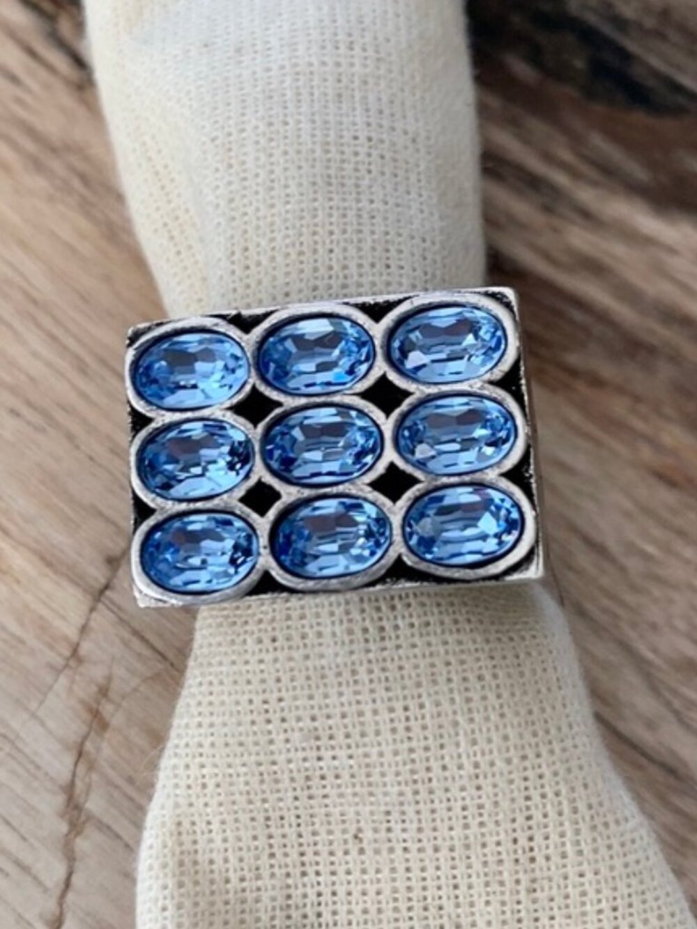 Dyrberg/Kern Bleuz Swarovski crystal ring with intricate metalwork